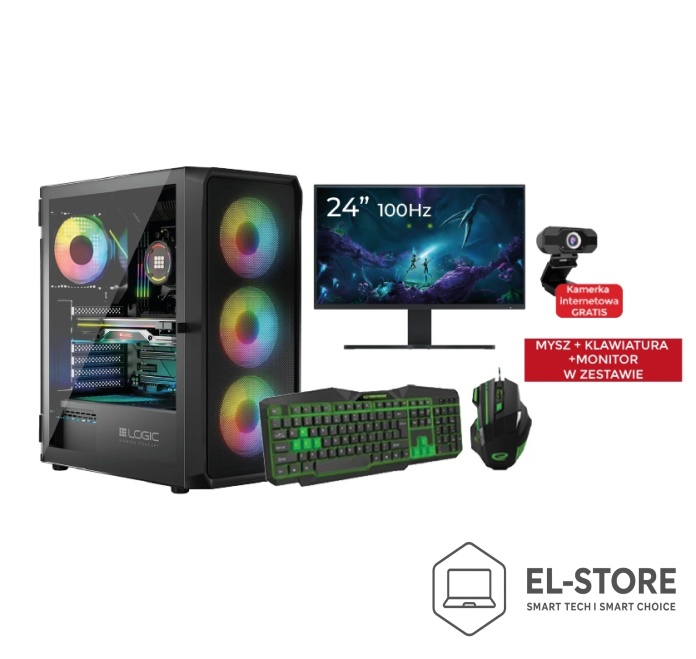 Komputer gamingowy Pricemax DX6 z podświetleniem RGB i monitorem 24 cale